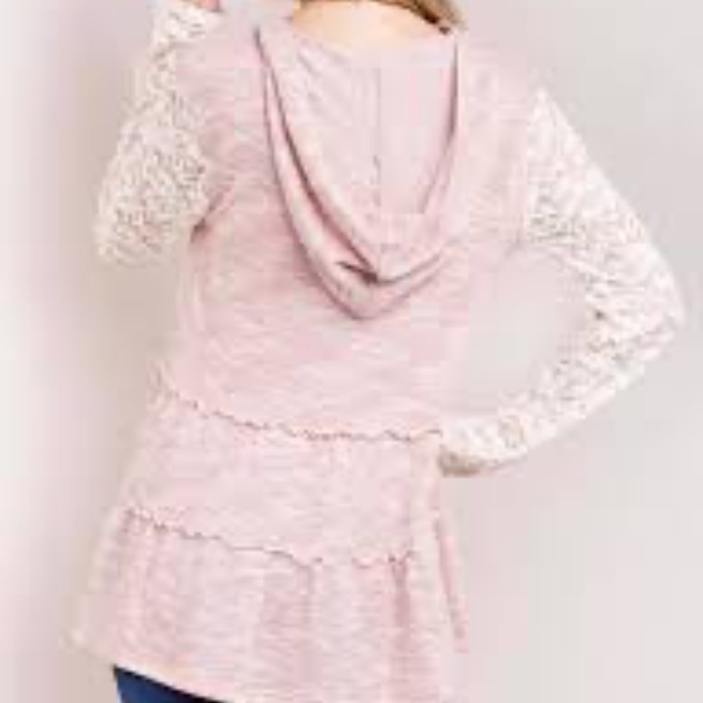 Women's Pink Lace Sleeve Hoodie Top - Picture 2 of 8